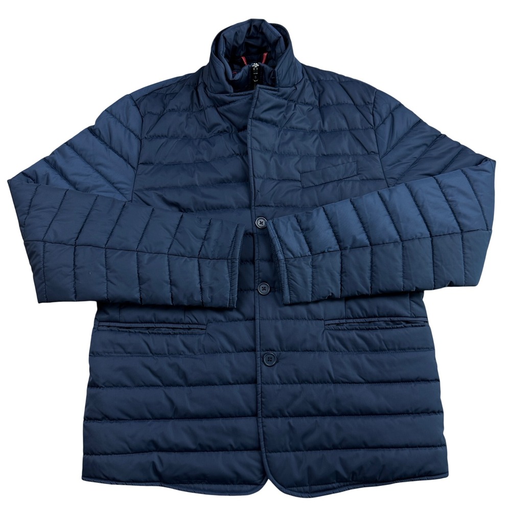 Robert Graham Mens Navy Blue Quilted Puffer Jacket Double Zip Button Coat Medium